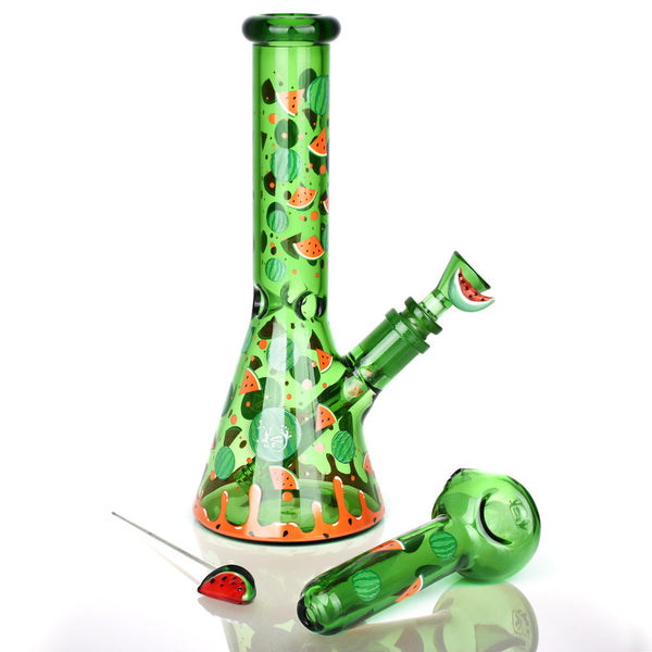 Pulsar Fruit Series Watermelon Zkittles Herb Pipe Glow Duo - 10" / 14mm F CannaDrop-AFG