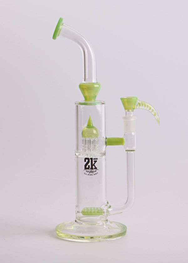 2K Glass Art Color Accented Bent Neck Dual Stemline To Tree Perc Bong 2k Glass Art