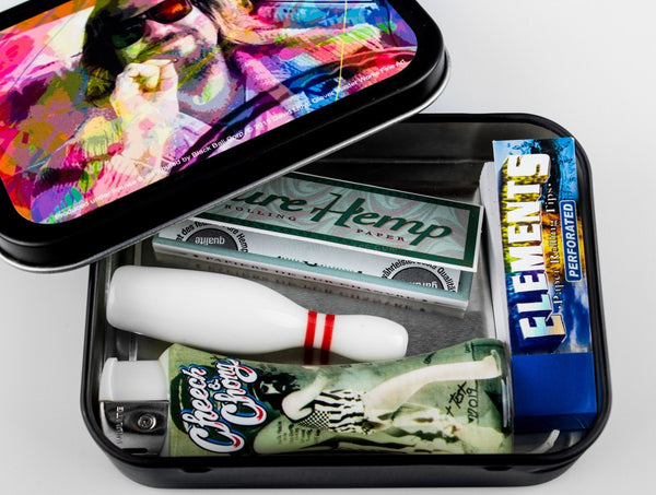 Big Lebowski Gift Set with Ceramic Bowling Pin Chillum Hand Pipe.