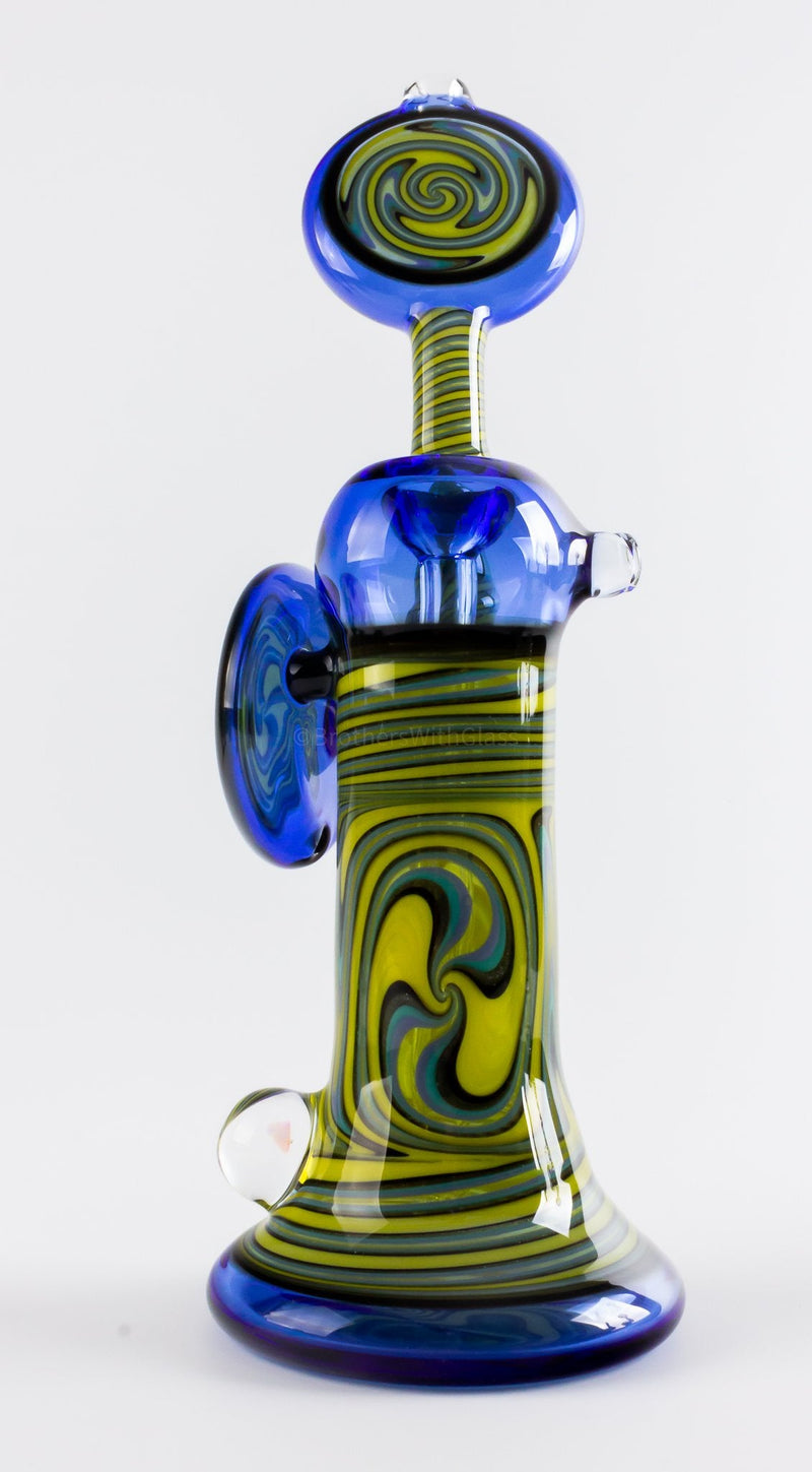 Chasteen Glassworks Wig Wag Opal and Disc Bent Neck Bubbler - Blue and Yellow.
