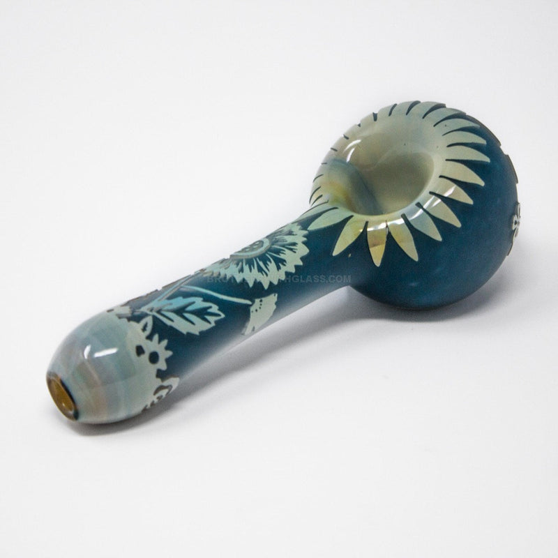 Liberty 503 Deep Sandblasted Fumed Blue Frit Hand Pipe - Flowers and Bees.