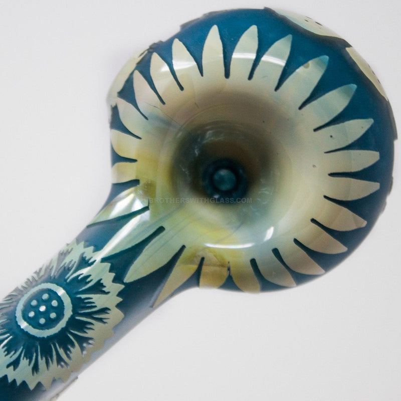 Liberty 503 Deep Sandblasted Fumed Blue Frit Hand Pipe - Flowers and Bees.