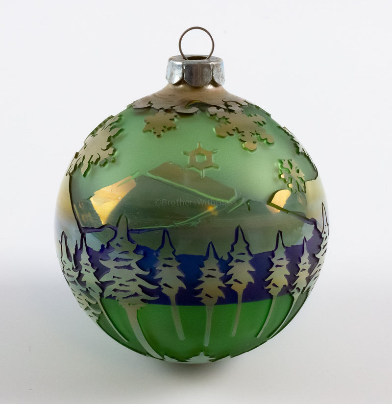 Liberty 503 Frit and Fumed Sandblasted Christmas Ornament - Snowy Mountains.