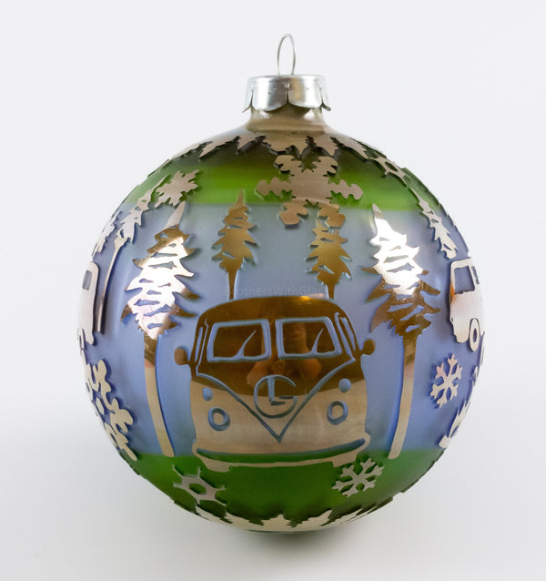 Liberty 503 Frit and Fumed Sandblasted Christmas Ornament - VW Camping.