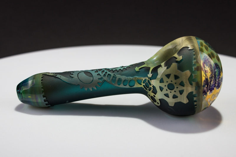 Liberty 503 Teal Sandblasted Gears Fumed Inside Out Cap Hand Pipe.