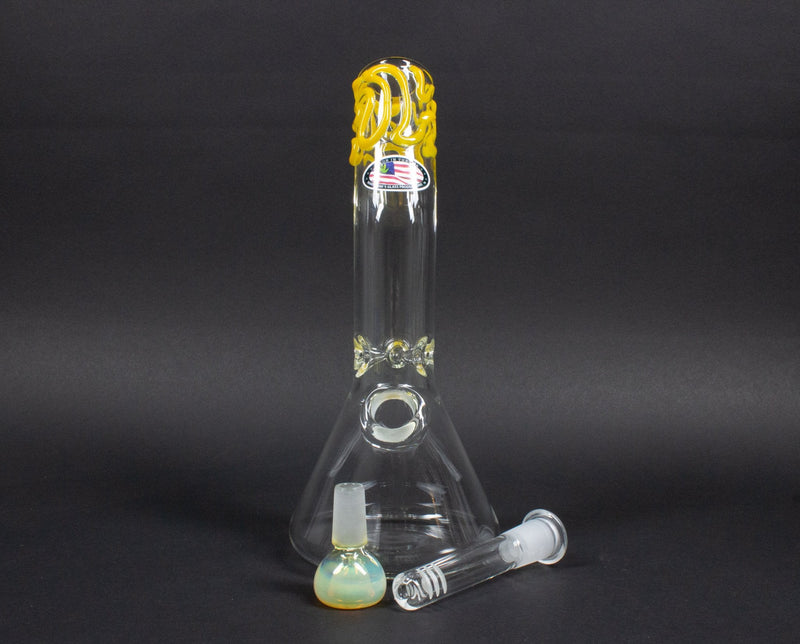 Mary Jane's Glass Bent Neck Beaker Bong With Color Accents.