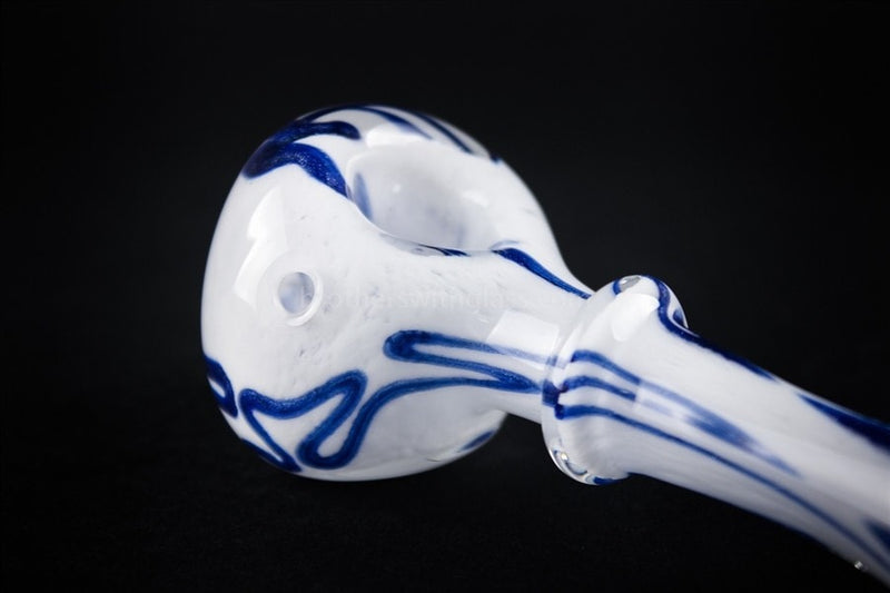 Nebula Glass Cursive Frit Hand Pipe - White with Blue.