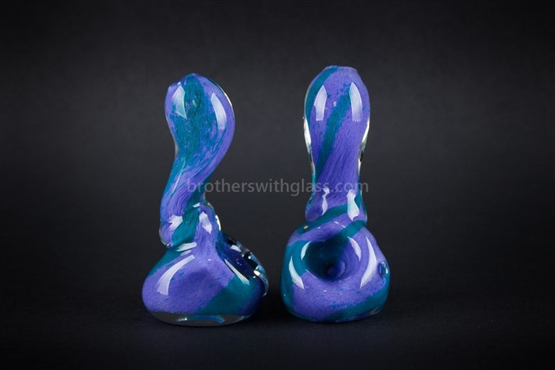 Nebula Glass Frit Baby Standing Sherlock Hand Pipe - Purple and Teal.